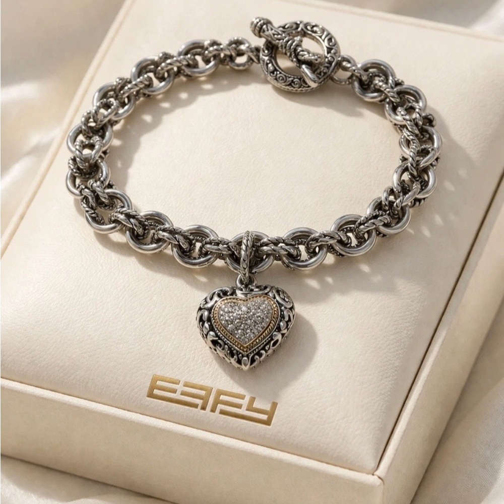 Effy 925 Sterling Silver 18K yellow gold diamond heart charm ladies bracelet 8”